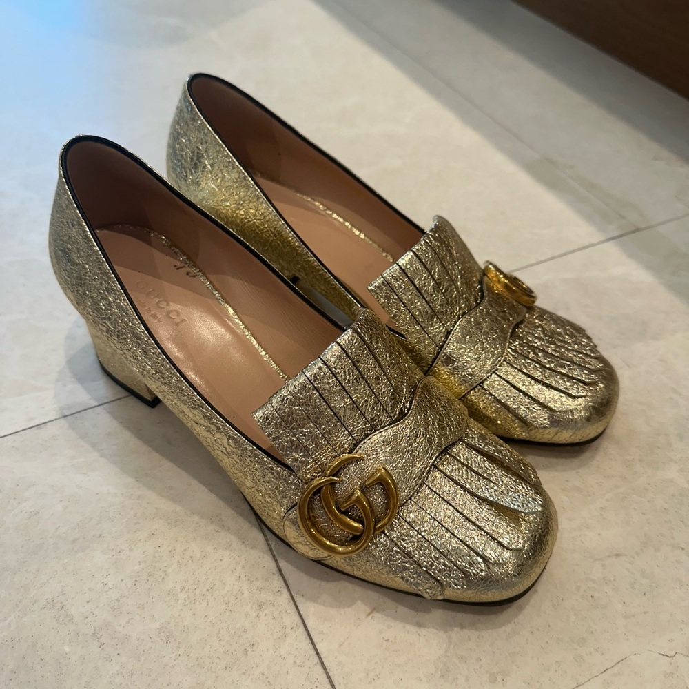 Galassia GG Marmont Fringe 50mm Loafer Pumps size 38 Platino